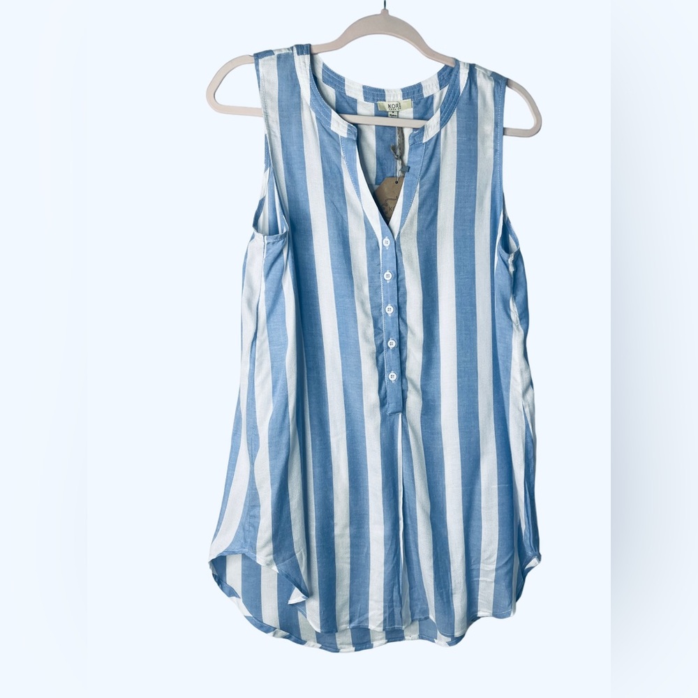 Kori America Boutique Women's S Small Blue White Striped Top Tank